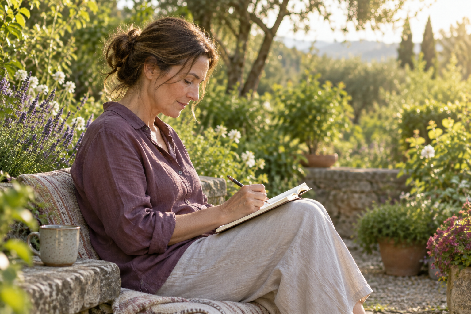 Illustrative scene of a woman journaling quietly in a garden